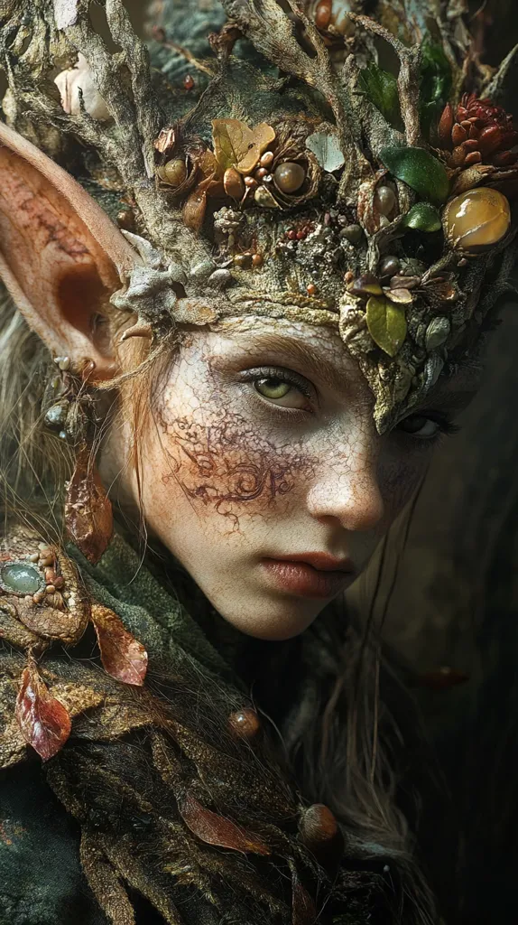 Close-up portrait of an elf-like creature, adorned in an elaborate headdress and clothing crafted from natural elements like twigs, leaves, and stones.  The headdress resembles a crown of interwoven branches and foliage, while the clothing seems woven from earth tones and textured fabrics.  The subject's pointed ears and intricate facial markings enhance the mystical, nature-inspired aesthetic.  The overall mood is dark, atmospheric, and fantastical.