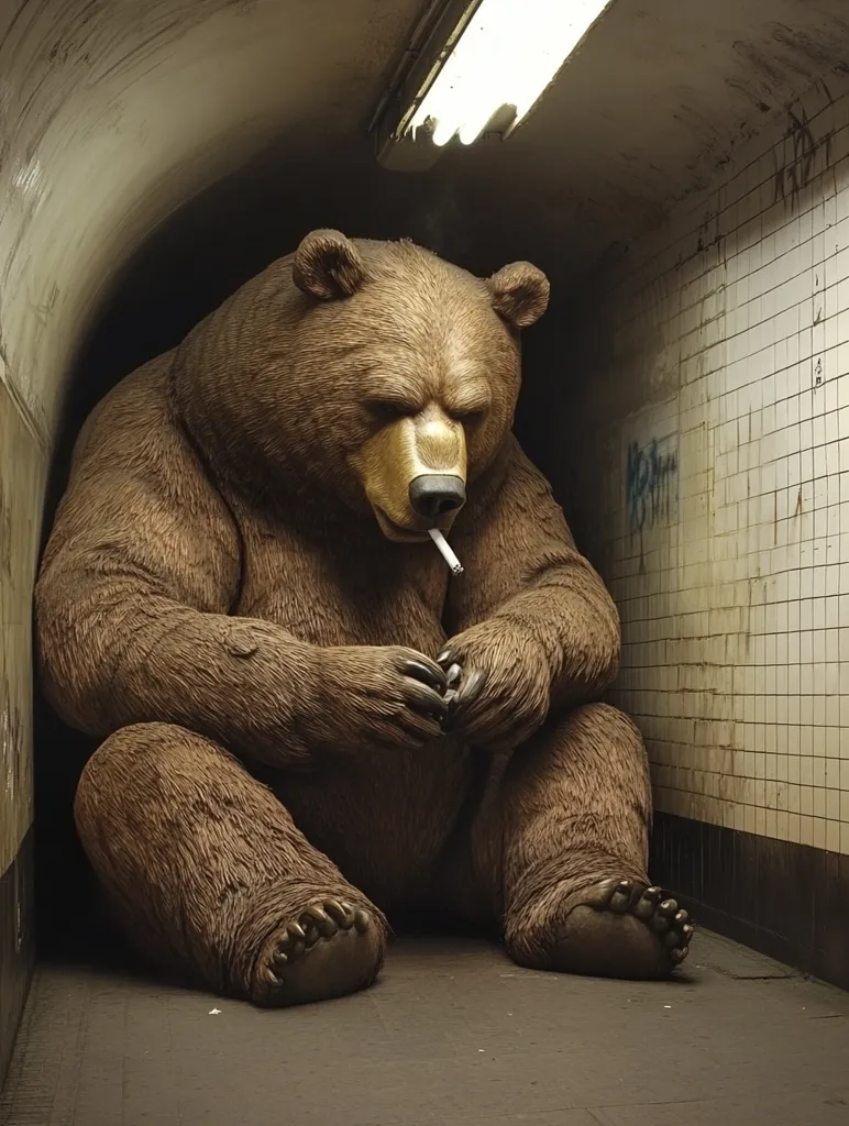 A large, brown bear statue sits in a dimly lit subway tunnel, its posture slumped.  The bear appears to be holding a cigarette, a wisp of smoke visible above it. The tunnel walls are tiled and show signs of age and graffiti. A fluorescent light fixture casts a pale glow overhead, illuminating the bear and the gritty environment. The overall mood is somber and slightly surreal.