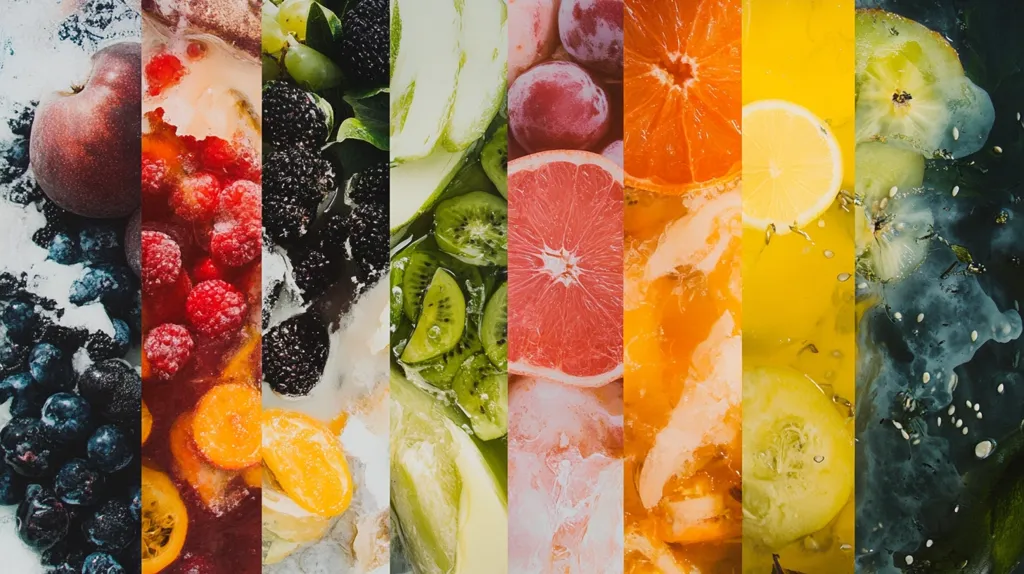A vibrant collage showcases a variety of frozen fruits arranged in vertical strips.  Each section features a different fruit:  deep red raspberries, blackberries, green kiwi, red grapefruit, orange slices, yellow lemons, and a mix of blueberries and plums.  The icy texture is visible throughout, creating a visually appealing and refreshing image suggesting a frozen fruit dessert or drink. The arrangement is strikingly colorful and visually appealing, emphasizing the freshness of the fruits.