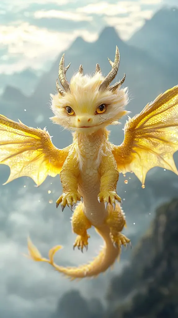 Here's a description of the image:

The image showcases a digitally rendered, adorable baby dragon.  It's predominantly golden-yellow, with fluffy fur and small, sharp horns. Its large, expressive eyes and friendly demeanor contribute to its cute appearance.  The dragon possesses large, delicate, golden wings, and a long, elegant tail. It's shown in flight against a blurred background of misty mountains and sky, giving a sense of ethereal wonder. The overall style is whimsical and fantastical.