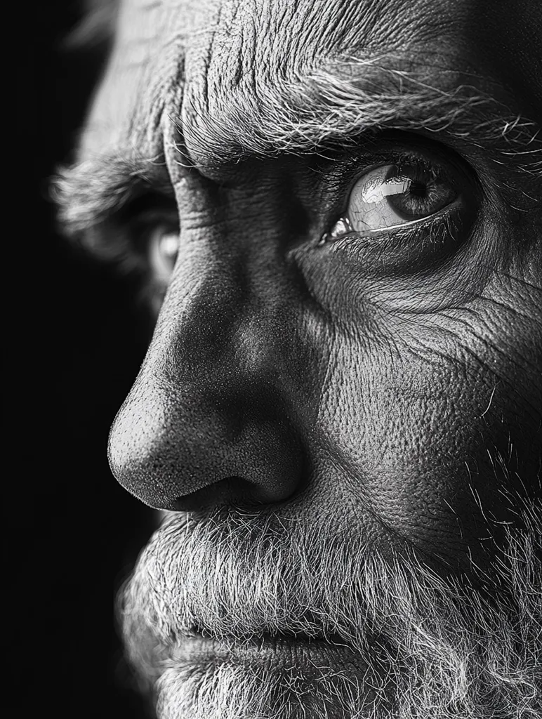 Here's a description of the image:

The black and white close-up photograph captures the profile of an elderly man's face.  His weathered skin displays a lifetime of experiences, etched with deep wrinkles and lines. His gaze is intense, directed slightly away from the viewer, hinting at contemplation or a distant memory.  His thick, grey beard and eyebrows add to the overall sense of age and wisdom, creating a powerful and evocative portrait. The contrast between light and shadow accentuates the texture of his skin and beard. The image focuses on the details of his face, emphasizing his strong features and the passage of time.