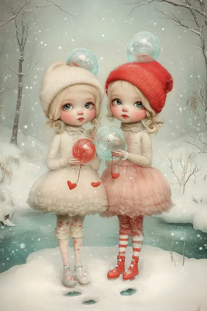 Two adorable porcelain dolls, dressed in winter attire, stand in a snowy landscape. One wears a cream-colored hat and dress, the other a red hat and pink dress. Both hold delicate, translucent globes and small red hearts dangle from strings.  Snow gently falls around them, creating a whimsical, fairytale-like scene. The girls' large eyes and rosy cheeks accentuate their delicate features, adding to the overall charming and serene ambiance.
