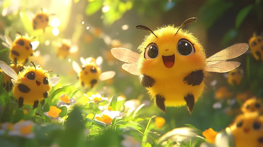 A digitally rendered image showcases a group of adorable, fluffy bees in a sun-drenched meadow. One bee, in sharp focus, is front and center, its large, expressive eyes and joyful expression emphasizing its cuteness. The other bees are slightly blurred, creating a depth of field effect. The vibrant yellow of the bees contrasts beautifully with the soft green grass and delicate white and yellow wildflowers. The overall scene is cheerful and whimsical, evoking feelings of warmth and happiness.