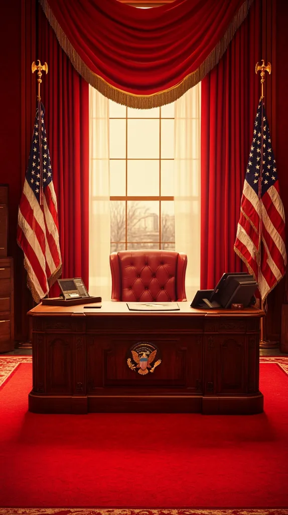 Here's a description of the image:

The image depicts a meticulously styled presidential office. A large, dark wood desk, bearing the presidential seal, sits center stage. A red leather chair is positioned behind it, facing a large window draped with rich, red curtains and a matching valance.  American flags flank the window, mounted on golden eagle finials. The overall atmosphere is one of formality, power, and tradition. The room is carpeted in a deep red, complementing the other red elements. A subtle golden border accents the carpet's edge.  The scene is brightly lit, creating a sense of grandeur and importance.