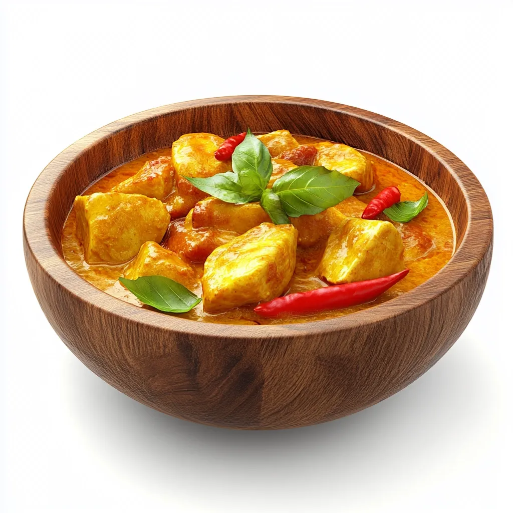A rustic wooden bowl overflows with a vibrant chicken curry.  Chunks of tender chicken are immersed in a rich, golden-orange sauce, speckled with red chili peppers.  Fresh basil leaves garnish the top, adding a pop of green.  The contrasting colors and textures create an appetizing image, suggesting warmth and delicious flavor.  The bowl sits on a white background, highlighting the curry's appeal.