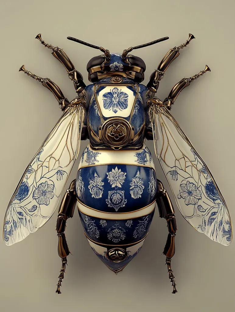 The image shows a meticulously crafted steampunk-style bee. Its body is a porcelain-like material, adorned with a blue and white floral pattern reminiscent of Delftware.  Gold accents highlight the intricate detailing on the wings and body.  The legs and head are rendered in dark bronze metal, giving the impression of intricate clockwork. The overall effect is one of delicate beauty and fantastical engineering.