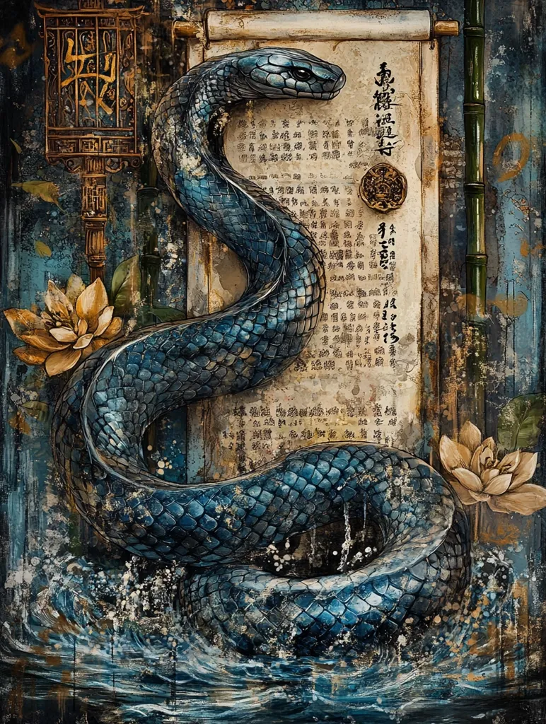 The artwork depicts a large, dark blue snake coiled around an ancient scroll covered in Asian calligraphy.  The snake's scales are highly detailed, and it appears to be emerging from or submerged in water, suggested by splashing textures at its base.  Lotus flowers flank the scroll, adding to the serene yet mystical atmosphere.  A traditional-style lantern is visible in the upper left corner, further emphasizing the Eastern aesthetic. The overall style is a blend of realism and mixed media, with a rich, textured palette of blues, golds, and browns.