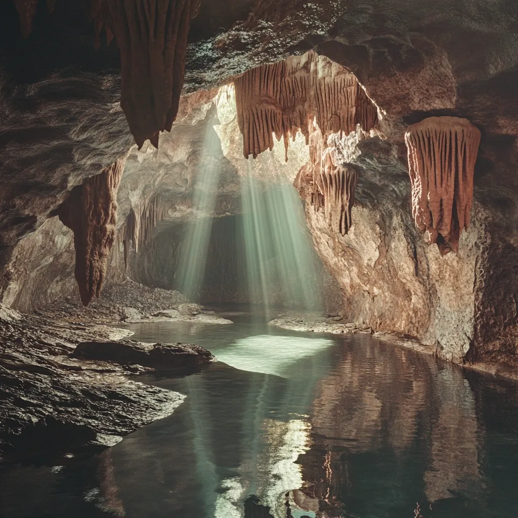 Here's a description of the image:

The photograph captures a breathtaking subterranean scene.  Sunbeams pierce the darkness of a cavern, illuminating a still, reflective pool of water.  The cave's walls and ceiling are adorned with numerous stalactites, their pale, earthy tones contrasting sharply with the deep shadows.  The light creates a dramatic, ethereal ambiance, highlighting the texture of the rock and the tranquil surface of the water.  The overall mood is one of awe-inspiring natural beauty and serene mystery.