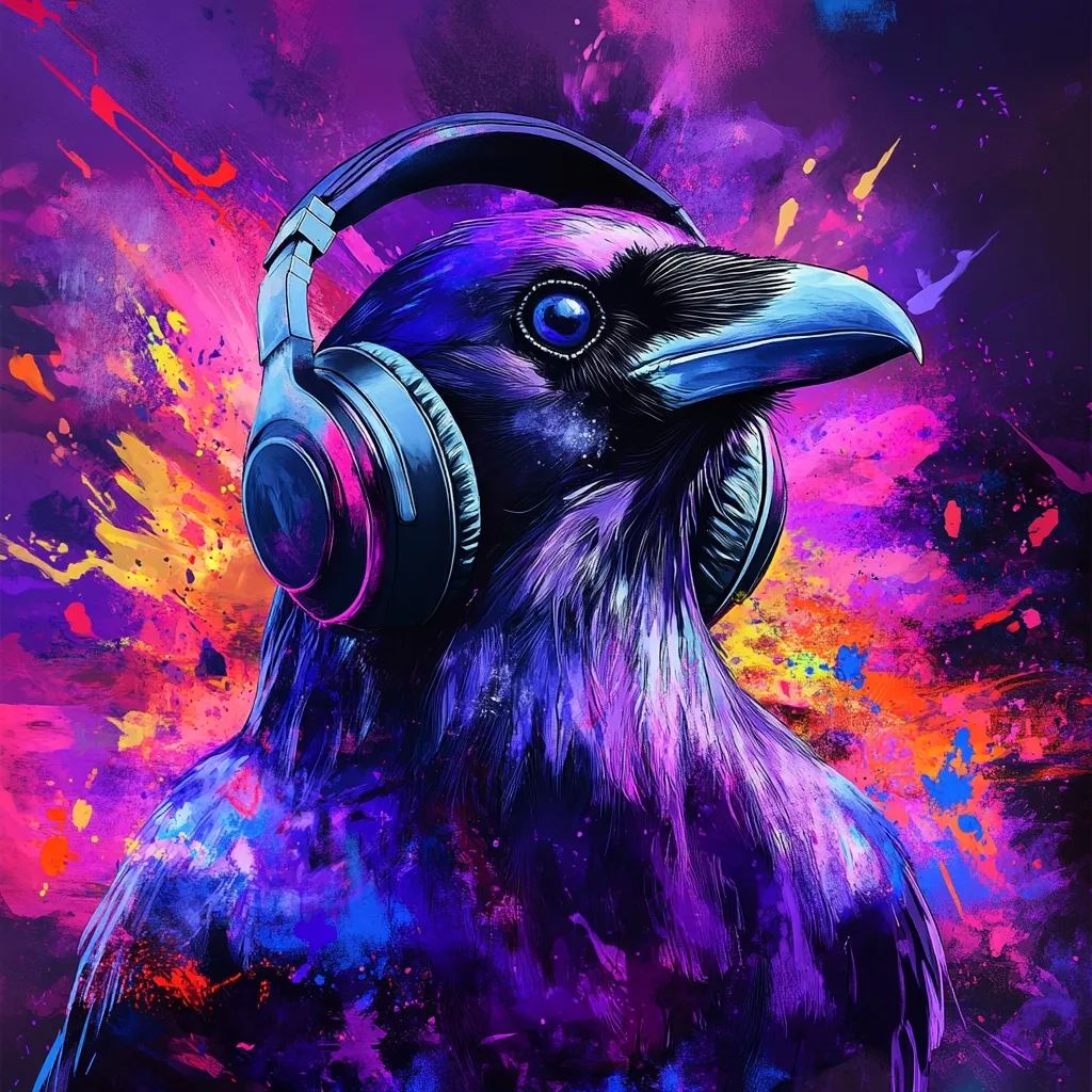 Here's a description of the image:

The image is a vibrant digital painting of a raven wearing large, over-ear headphones. The raven is rendered in shades of deep purple and black, with hints of blue and pink.  It's positioned against a dynamic background of bright, multicolored paint splatters in hues of purple, orange, yellow, and blue.  The overall style is bold and expressive, with a strong emphasis on color and texture. The headphones add a modern, almost surreal element to the otherwise classic depiction of a raven. The artwork has a distinct, stylized feel, blending realism with abstract elements.