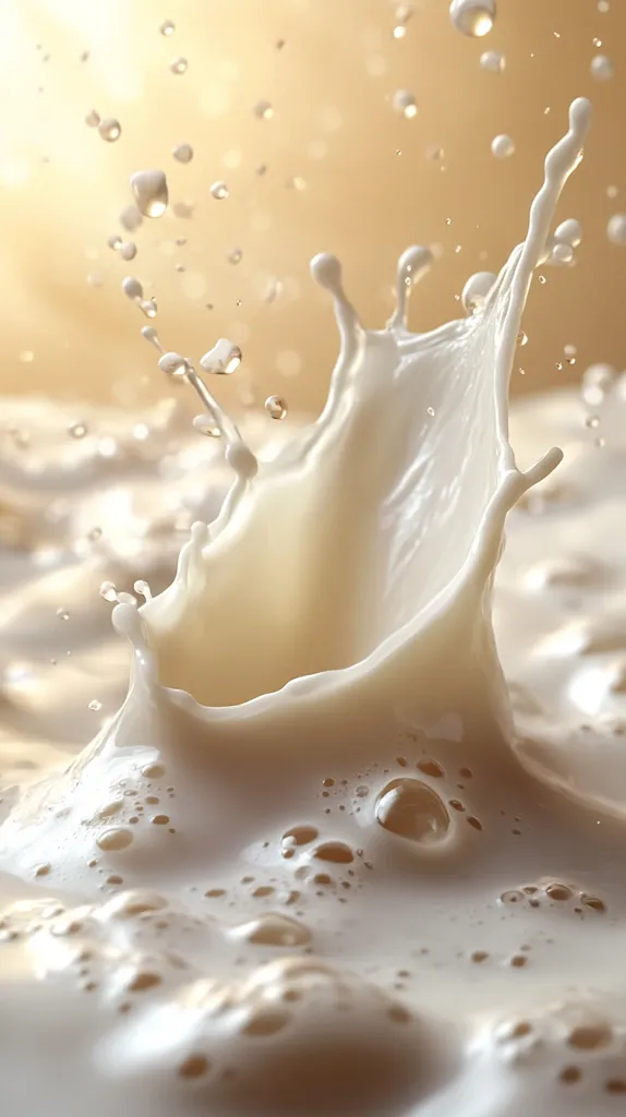 Here's a description of the image:

A dramatic close-up captures a milk splash, its creamy white liquid forming a crown-like shape against a softly lit, beige background.  Numerous small droplets are suspended in the air, creating a sense of motion and fluidity.  The surface of the milk shows small air bubbles, adding texture. The overall effect is one of smoothness, lightness, and vibrant freshness.  The lighting suggests a warm, possibly sunlit environment.
