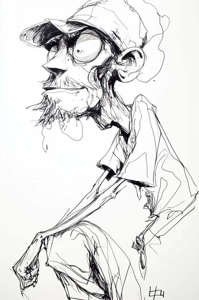 Here's a description of the image:

The ink drawing depicts a stylized, gaunt figure, possibly male, wearing a baseball cap and a loose-fitting shirt. The style is expressive and sketchy, with thin, energetic lines defining the subject's exaggerated features: large, wide eyes, a prominent nose, and a receding chin. The figure's posture is hunched, giving a sense of weariness or age.  The artist employs a dynamic linework that conveys movement and texture, particularly in the clothing.  The overall effect is one of caricature, hinting at character but remaining somewhat ambiguous.  A small signature or mark is visible in the lower right corner.