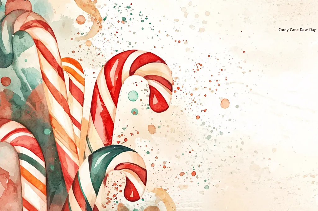 This watercolor painting depicts a cluster of candy canes in various colors, primarily red and white, with hints of orange and green.  The canes are painted in a loose, expressive style, with visible brushstrokes and water color texture.  The background is a soft, beige tone with a splatter effect, suggesting a festive, whimsical atmosphere. The phrase "Candy Cane Day" is subtly placed in the upper right corner. The overall impression is one of holiday cheer and sweet treats.