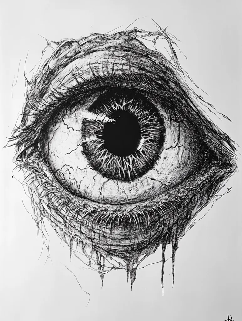 Here's a description of the image:

The artwork is a detailed pen-and-ink drawing of a single eye, rendered in stark black and white.  The eye itself appears aged, damaged, or decaying; the sclera is textured with fine cracks, giving a sense of fragility and decomposition.  The iris is intricately detailed, and the pupil is a solid black void.  Long, thick lashes frame the eye, adding to its intense gaze. The surrounding skin is depicted as cracked and drooping, with strands seemingly melting or dripping down. The overall style is dark, surreal, and evokes a sense of unease or horror.  The artist’s signature is subtly placed in the lower right corner.