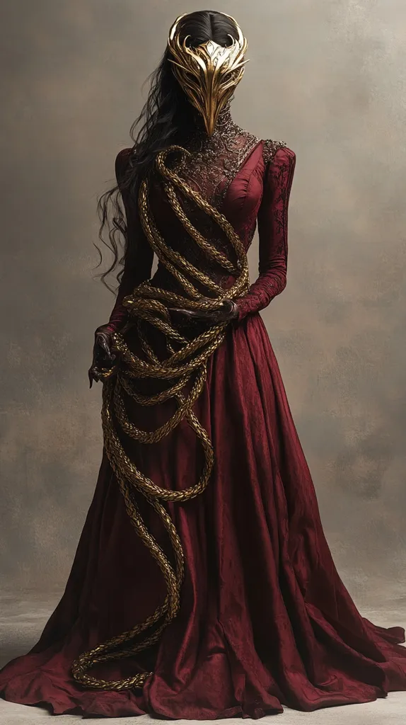 A figure in a long, dark crimson gown stands against a muted background.  She wears an elaborate gold mask resembling a bird's head, and a thick golden rope is draped around her waist.  The dress is richly textured, and her dark hair flows down her back.  The overall style evokes a dark, fantastical, or possibly historical aesthetic, with a blend of regal and mysterious elements.
