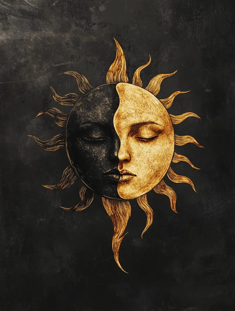Here's a description of the image:

The artwork depicts a stylized sun with a face, split in half.  One side is dark, almost black, while the other half is gold, creating a striking contrast. The face is serene, eyes closed, suggesting peace or contemplation. The sun's rays are intricate and flame-like, rendered in a golden hue against a dark, textured background reminiscent of charcoal or stone. The overall style is reminiscent of alchemy or esoteric art, combining symbolic imagery with a dark, dramatic aesthetic. The image evokes a sense of mystery and duality.