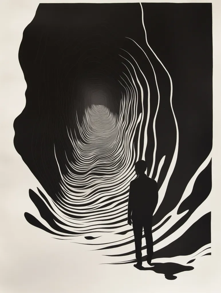 Here's a description of the image:

The artwork is a stark black and white graphic print. It depicts a lone, silhouetted figure standing before a dramatically rendered tunnel or vortex. The tunnel's walls are composed of swirling, concentric lines creating a sense of depth and movement, almost hypnotic in their repetition. The black and white contrast is striking, enhancing the dramatic effect and suggesting a sense of mystery or unease. The overall style is minimalist and graphic, drawing the viewer's eye to the contrast between the static figure and the dynamic background. The figure seems small against the vastness of the tunnel, emphasizing a feeling of isolation or contemplation.