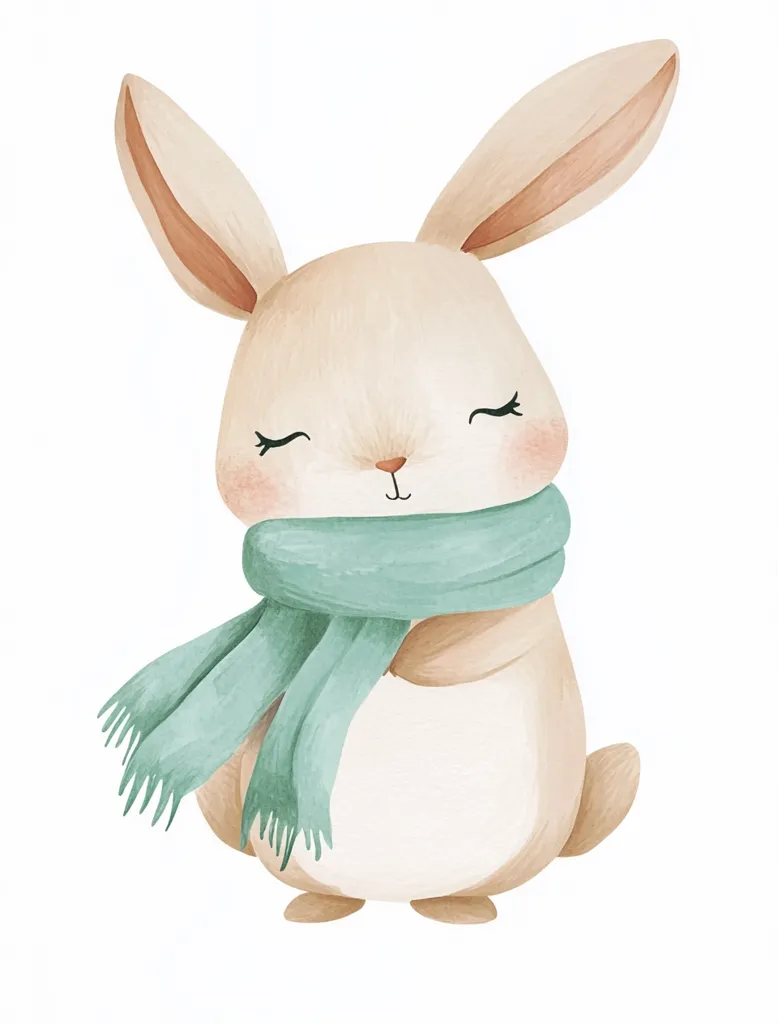 Here's a description of the image:

The illustration showcases an adorable cartoon rabbit, rendered in a watercolor style.  Its fur is a soft, light beige, and its long ears droop slightly.  The rabbit's eyes are gently closed, giving it a peaceful expression.  It's wearing a light teal scarf wrapped snugly around its neck, adding a touch of warmth to the image. The style is sweet and gentle, perfect for children's books or decor. The background is pure white, focusing all attention on the charming bunny.
