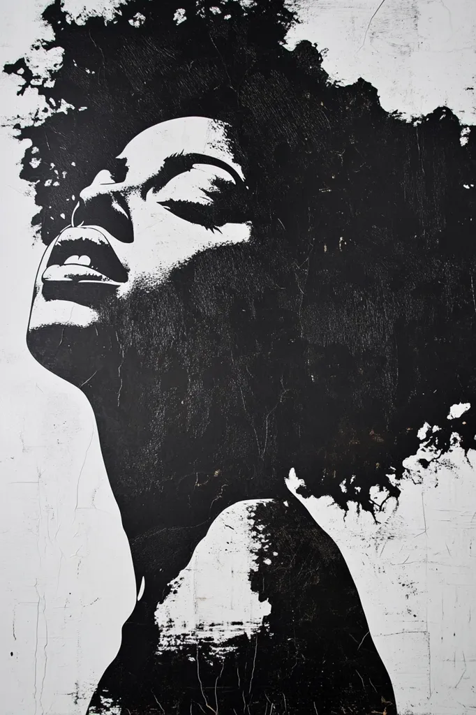 Here's a description of the image:

The artwork is a stark black and white portrait of a woman with a large afro.  Her head is tilted back, eyes closed, and mouth slightly open, suggesting a moment of serene ecstasy or peaceful contemplation. The style is graphic and bold, employing strong contrasts and a textured, almost distressed effect, possibly imitating a painted wall or stencil.  The background is a textured white, enhancing the contrast with the dark figure. The overall mood is powerful and evocative, focusing on the woman's striking features and expressive posture.