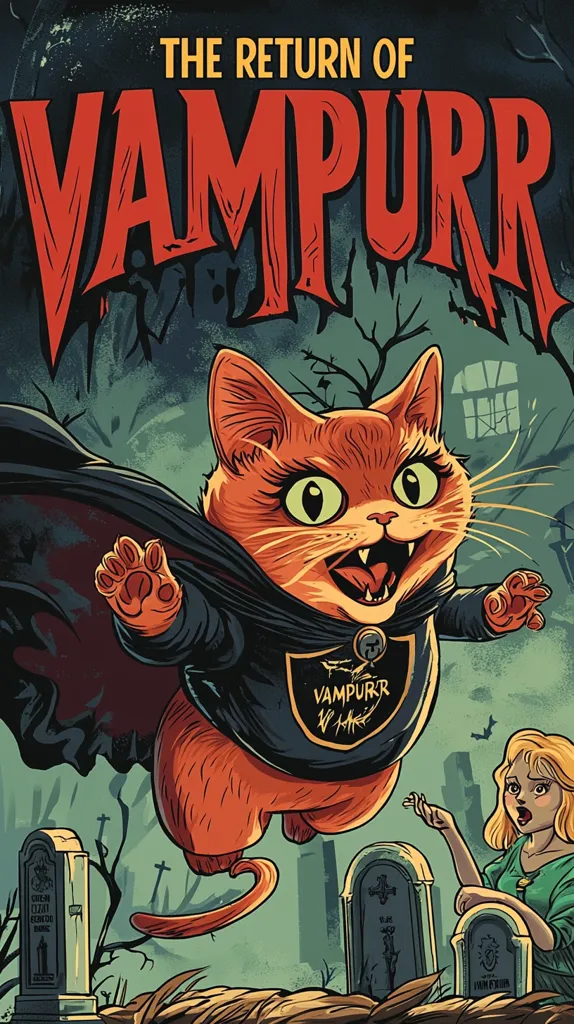 Here's a description of the image:

The illustration is a vibrant poster for "The Return of Vampurr," featuring a cartoonish orange cat dressed as a vampire.  The cat, with exaggerated features, wears a dark cape and a shirt displaying a "Vampurr" logo. It's depicted mid-flight above a graveyard, with tombstones and a surprised blonde woman visible in the background. The style is reminiscent of classic horror comic book art with bold lines and saturated colors. The title is prominently displayed in a stylized, spooky font.  The overall tone is humorous and playful, despite the graveyard setting.