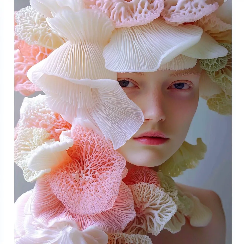 Here's a description of the image:

Close-up view of a woman's face adorned with a headdress resembling delicate, pastel-colored mushrooms or coral.  The fungi-like elements are predominantly pale pink and off-white, with intricate textures and varying shapes.  They frame her face, partially obscuring her eyes and forehead, creating a surreal and ethereal effect. The woman's expression is serene and her skin appears smooth and flawless, complementing the soft hues of the headdress. The overall aesthetic is dreamlike and artistic.