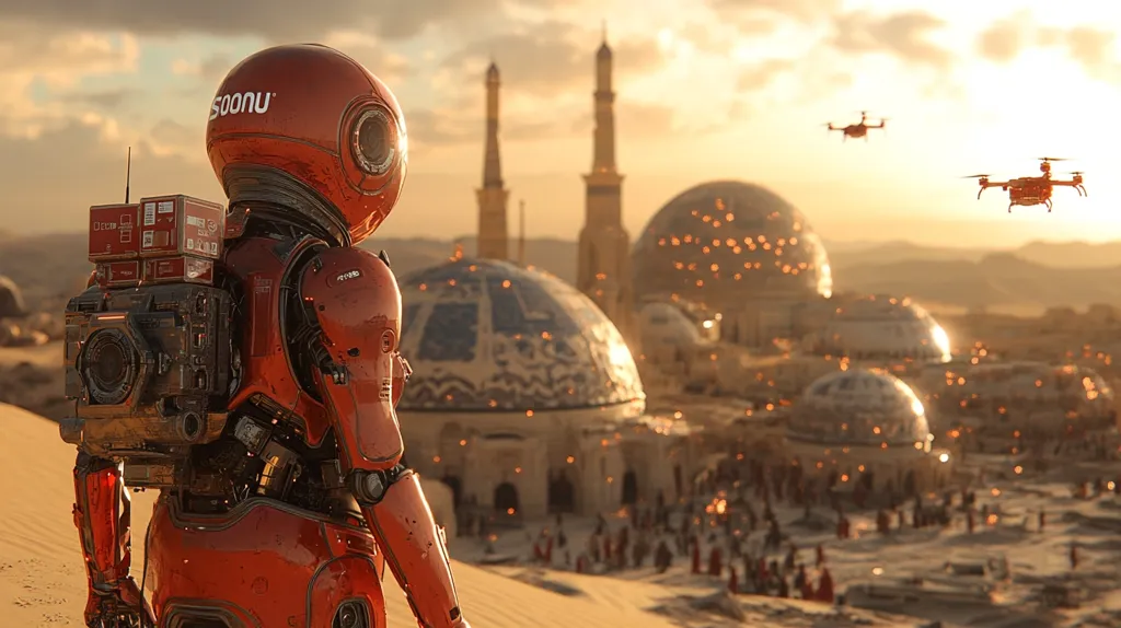 A futuristic, red robot, carrying packages, stands in a sandy desert landscape.  Two small drones fly overhead. In the background, a sprawling, ornate city with domed buildings and minarets is visible under a warm, sunset sky. The robot appears to be delivering goods to this seemingly desert oasis, creating a striking contrast between ancient architecture and advanced technology. The scene is peaceful yet hints at a blend of old and new worlds.