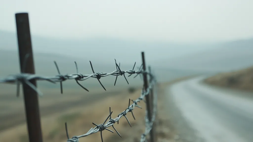 Here's a description of the image:

The photograph focuses on a close-up of barbed wire strung along a fence post.  The wire is sharply in focus, while the background is softly blurred, showcasing a winding road disappearing into a hazy, muted landscape of muted browns and grays under a foggy sky.  The overall mood is one of isolation and perhaps restriction, emphasized by the sharp points of the barbed wire contrasting with the soft, indistinct background. The color palette is predominantly cool and desaturated.