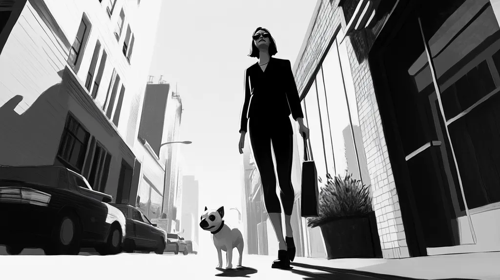 A stylish woman in a pantsuit and sunglasses strides down a city street, a small dog trotting beside her. The monochrome image emphasizes the strong vertical lines of the buildings, creating a sense of height and urban density.  The bright area above suggests a sunny day, contrasting with the shadowed street and the woman's serious demeanor. The overall style is clean and graphic, with a slightly stylized representation of architecture and figures. A tote bag hangs from her hand.