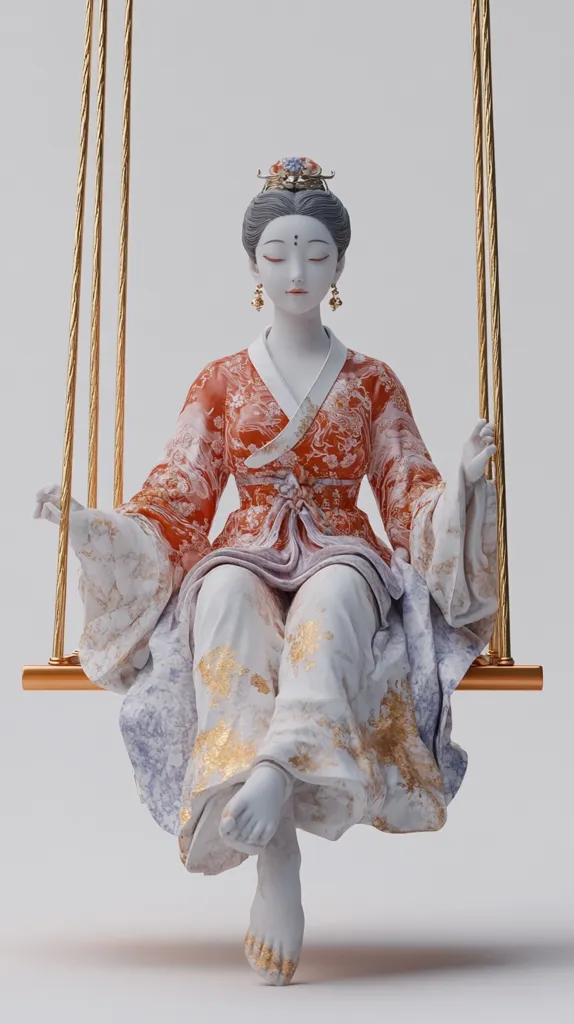 A porcelain figurine of a serene woman, adorned in an elaborate orange and white patterned robe with gold accents, sits gracefully on a gold swing.  Her hair is styled elegantly with a small ornate crown, and she wears delicate earrings.  The figure's pose is peaceful and meditative, with bare feet visible. The overall aesthetic is one of delicate beauty and tranquility.