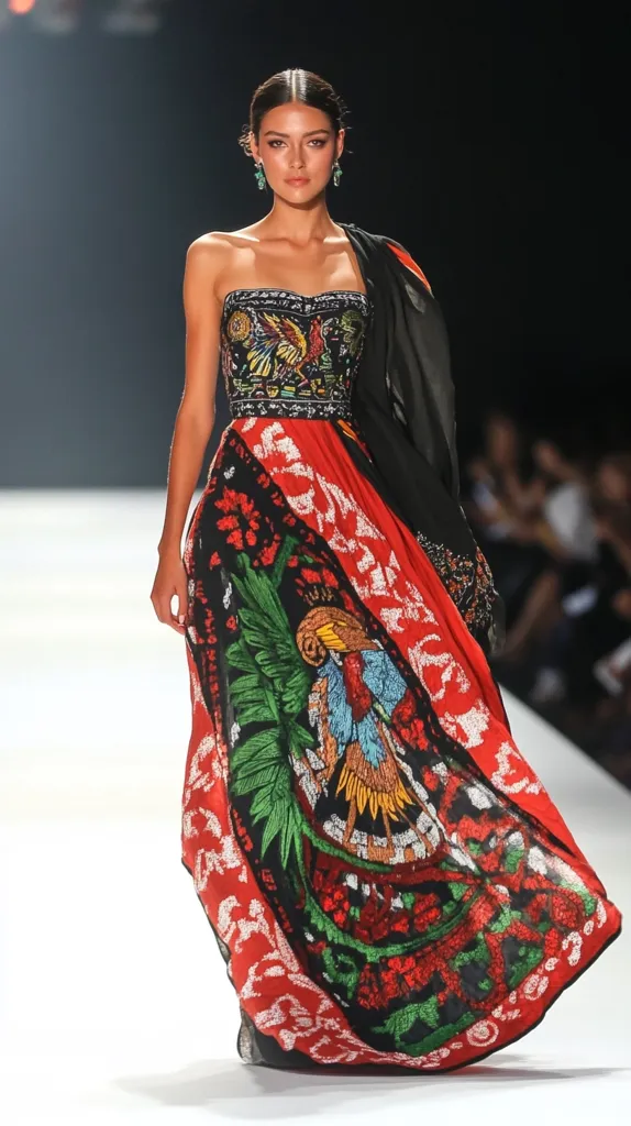 A model gracefully strides down a runway, showcasing a vibrant, floor-length gown. The strapless dress features a predominantly red base adorned with intricate black, green, and gold embroidery depicting a captivating array of birds and floral motifs.  A black shawl drapes elegantly over one shoulder, complementing the dress's rich colors and detailed design. The model's makeup and hair are simple, allowing the dress to command full attention.  The overall effect is one of striking beauty and cultural richness.
