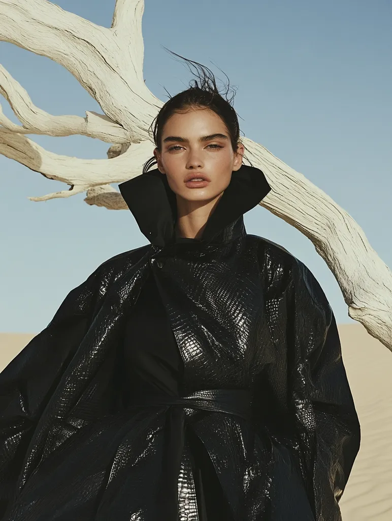 A fashion model with dark hair, styled up, gazes directly at the camera.  She wears a black, crocodile-embossed coat with a high collar and a self-tie belt. The coat has wide, loose sleeves. The background features a bleached, driftwood-like branch against a clear, desert sky and sand dunes. The overall mood is one of stark beauty and minimalist style.