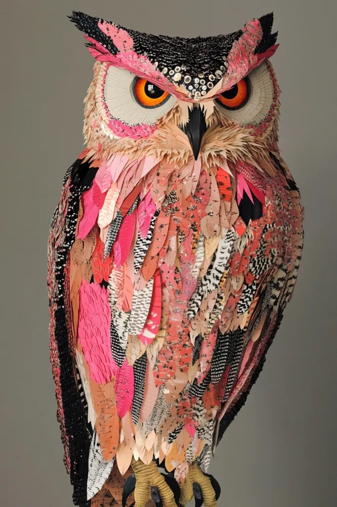 This striking image showcases a meticulously crafted owl sculpture.  The owl is predominantly pink and orange, with accents of black and beige. Its feathers are individually rendered from various textured materials, creating a layered, three-dimensional effect. The intense orange eyes and detailed beak add realism to the otherwise whimsical artwork, which appears to be made from recycled or repurposed materials. The overall impression is one of vibrant color and intricate detail.