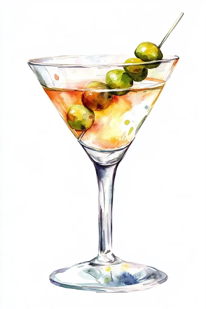 Here's a description of the image:

A watercolor painting depicts a martini glass filled with a light amber liquid.  Three green olives are skewered on a small pick and rest inside the drink. The glass is rendered with delicate detail, showcasing the transparency of the glass and the subtle reflections within. The olives are painted with vibrant, slightly translucent colors, giving them a juicy appearance. The background is a clean white, allowing the cocktail to be the sole focus of the artwork. The overall style is elegant and suggestive of a sophisticated, upscale setting.