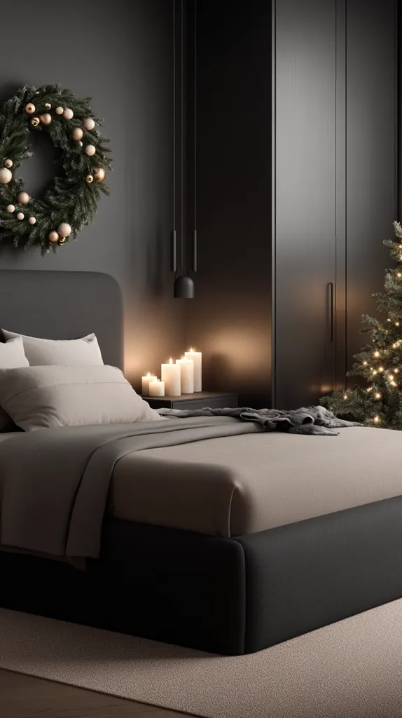 Here's a description of the image:

The image shows a minimalist, modern bedroom decorated for Christmas.  A dark gray upholstered bed with beige linens is the focal point, nestled against a dark gray wall. A Christmas wreath adorned with gold and cream ornaments hangs above the bed.  A small nightstand holds several lit candles, adding warmth to the scene.  A dark gray built-in wardrobe is visible in the background, along with a partially visible Christmas tree, subtly lit with fairy lights. The overall aesthetic is dark, sophisticated, and subtly festive.  The floor is a light beige carpet.