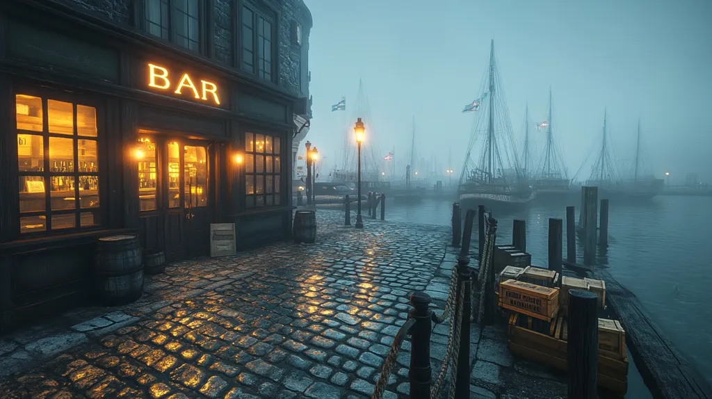 A dimly lit, cobblestone waterfront street scene is depicted.  A dark, inviting tavern, marked with a glowing "BAR" sign, dominates the foreground. Its warm interior light contrasts with the cool, foggy harbor beyond. Several tall sailing ships are moored at the dock, shrouded in mist.  The overall atmosphere is moody and evocative of a historical seaport, perhaps in the early morning or late evening. Wooden crates sit on the dock, adding to the scene's aged and maritime character.  Gas lamps cast a soft glow on the wet stones.