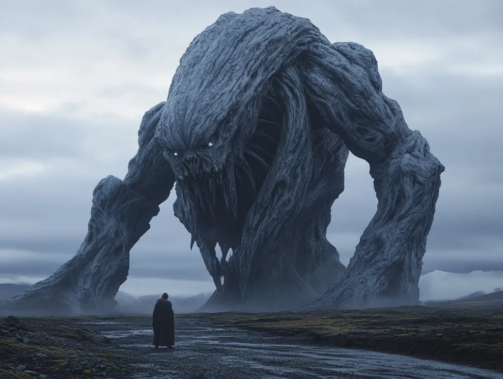 A colossal, stone-like creature dominates a desolate landscape.  Its form is gnarled and monstrous, resembling a colossal tree or rock formation with glowing eyes. A lone, cloaked figure stands small in the foreground, dwarfed by the beast's immense size. The scene is moody and atmospheric, with a grey sky and mist adding to the sense of scale and foreboding.  The overall impression is one of awe and vulnerability in the face of overwhelming power.