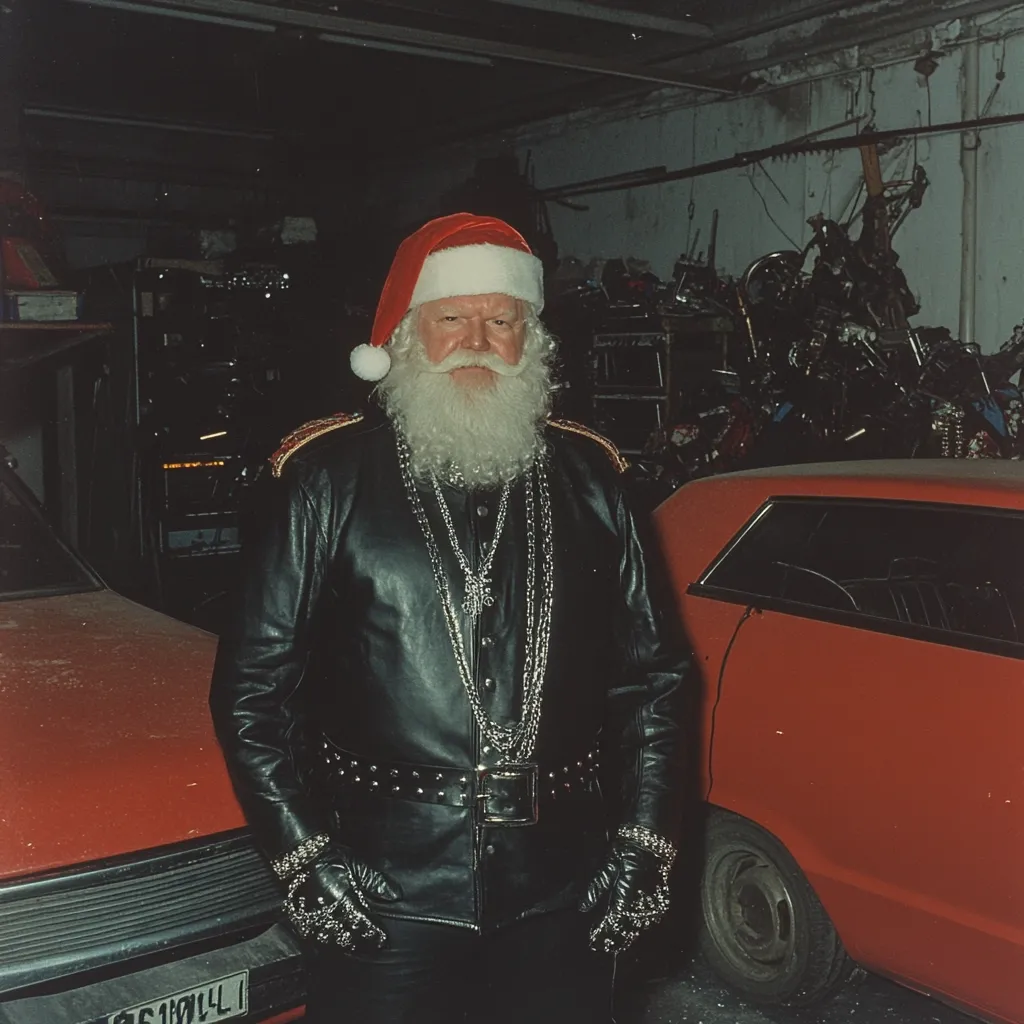 A Santa Claus figure, sporting a red hat and long white beard, is seen in a garage setting.  He's dressed in a black leather jacket adorned with multiple silver chains and studded belt, a stark contrast to his traditional attire.  He stands between two red cars, a cluttered backdrop of motorcycle parts visible behind him. The overall image presents an unconventional and rebellious interpretation of the iconic Christmas character.