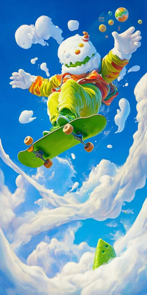 A whimsical illustration depicts a snowman-like figure skateboarding through a vibrant blue sky filled with fluffy white clouds.  The figure, dressed in bright yellow and orange, has a playful, almost mischievous expression.  Small, colorful objects float around it, adding to the surreal and dreamlike atmosphere. The skateboard is bright green, contrasting beautifully with the bright blue background. The overall style is fantastical and joyful.