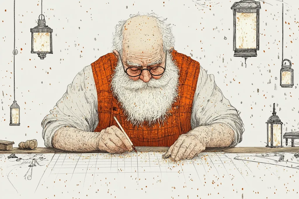 An illustration depicts an elderly, bearded man meticulously working on a large gridded drawing.  He wears glasses and an orange vest over a long-sleeved shirt, his hands carefully holding a pencil. The detailed drawing is covered in small specks, possibly sawdust or dust.  Several antique lanterns hang in the background, adding to the image's vintage and craftsman-like feel. The overall style is reminiscent of precise pen-and-ink work with subtle shading.