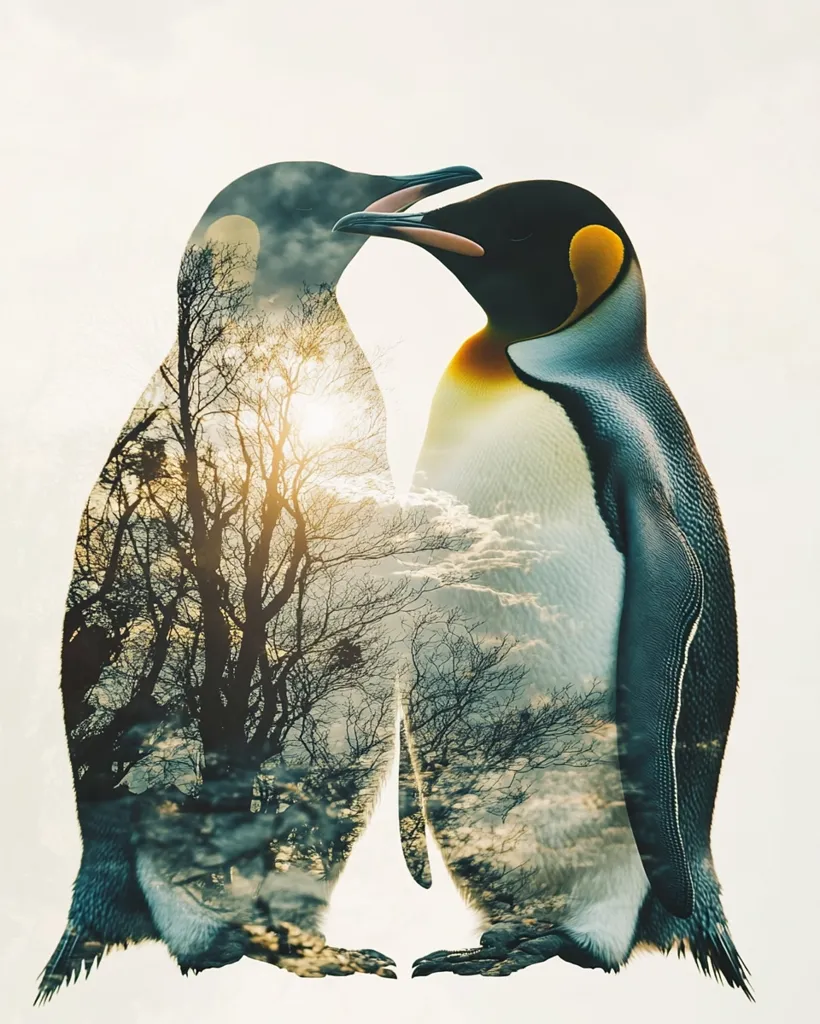 Here's a description of the image:

The image is a double exposure photograph featuring two penguins, seemingly a pair, positioned facing each other in a tender posture.  Their bodies are superimposed with a landscape scene; bare winter trees under a setting or rising sun, casting a serene yet slightly melancholic mood. The penguins' silhouettes are clearly visible against the superimposed natural background, creating a powerful visual juxtaposition of wildlife and nature. The overall effect is artistic and evocative, suggesting themes of love, connection, and the environment.