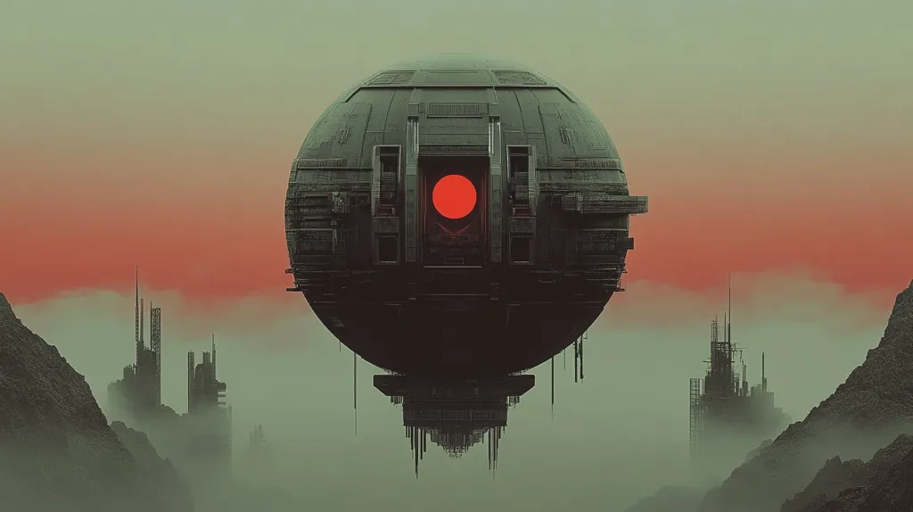 A large, dark, spherical structure, possibly a spaceship or space station, hovers over a misty, dystopian landscape.  The sphere is intricately detailed with mechanical elements and features a red circle at its center, possibly a portal or energy source.  In the background, a reddish sunset casts an eerie glow on the scene, illuminating dilapidated, futuristic buildings nestled among rugged, mountainous terrain shrouded in fog.  The overall mood is atmospheric and melancholic, suggesting a post-apocalyptic or sci-fi setting.