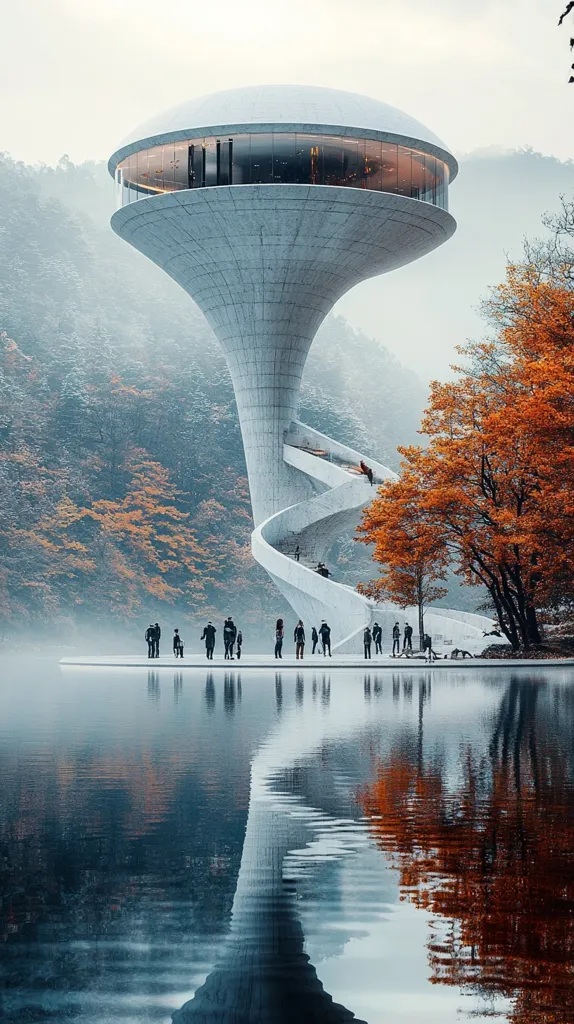 A futuristic, disc-shaped structure stands on a slender, concrete stem beside a calm lake.  An external spiral staircase winds around the stem.  People are gathered at the base, observing the building.  Autumnal trees with vibrant orange and red leaves frame the scene, their reflections mirrored perfectly in the still water. The atmosphere is serene and misty, enhancing the otherworldly feel of the architecture.  The overall image evokes a sense of calm and peaceful contemplation.