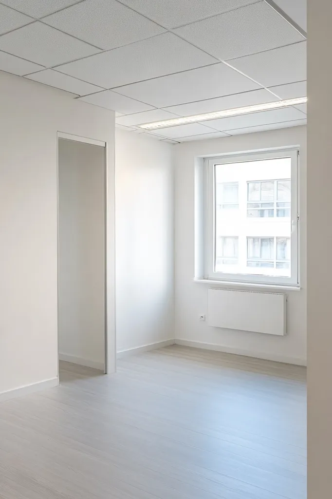 Here's a description of the image:

The photo shows an empty, bright white room.  The walls are painted white, the ceiling has white square tiles, and the floor is light gray laminate.  A single window looks out onto a neighboring building, and a white radiator is situated beneath it. A partially visible white door is set into the left wall. The overall impression is one of stark minimalism and cleanliness, suggesting a newly renovated or unfurnished office space. The lighting is soft and even throughout the room.