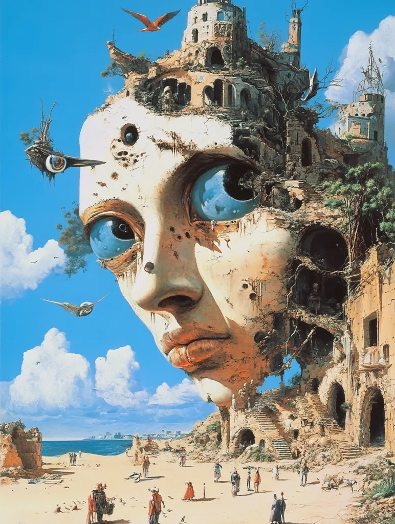This surreal painting depicts a giant, weathered face forming a cliffside.  A crumbling, ancient castle-like structure is embedded within the face, its architecture blending seamlessly with the facial features.  Tiny figures populate a beach below, suggesting a vast scale.  The sky is bright blue, with fluffy clouds contrasting the aged tones of the face and ruins.  Strange flying objects, like a large eye and a bird, add to the dreamlike, fantastical quality of the artwork. The overall effect is one of melancholic grandeur, blending the organic and the man-made in a captivating, otherworldly scene.
