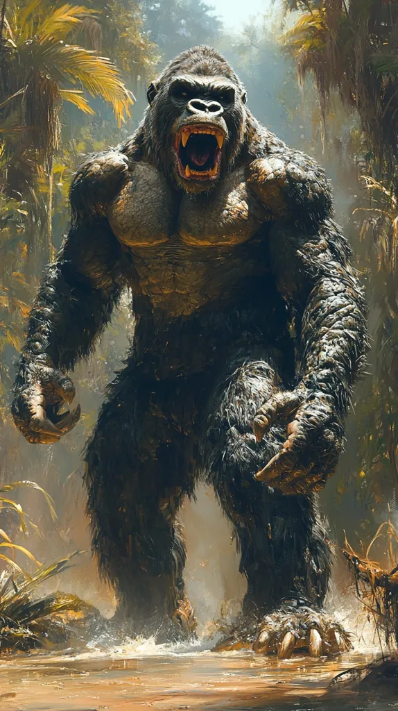 A powerful, enraged King Kong dominates the scene, his massive form filling the frame.  His mouth is open in a ferocious roar, revealing sharp teeth.  Dark, thick fur covers his muscular body. The setting is a lush, jungle environment with tall trees and foliage, suggesting a misty, humid atmosphere.  Kong wades through shallow water, his immense legs creating ripples.  The overall mood is one of primal power and imminent danger.