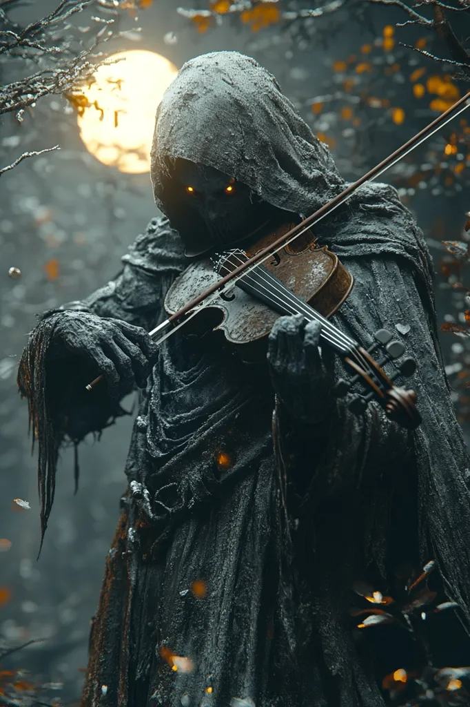 A cloaked figure, seemingly made of dark, decaying matter, plays a worn violin under a pale moon.  The figure's hood obscures its face, revealing only glowing, eerie eyes.  The scene is set within a dark, wintry forest, with bare branches and falling embers or sparks adding to the somber, almost melancholic atmosphere.  The overall image evokes a sense of mystery and foreboding.