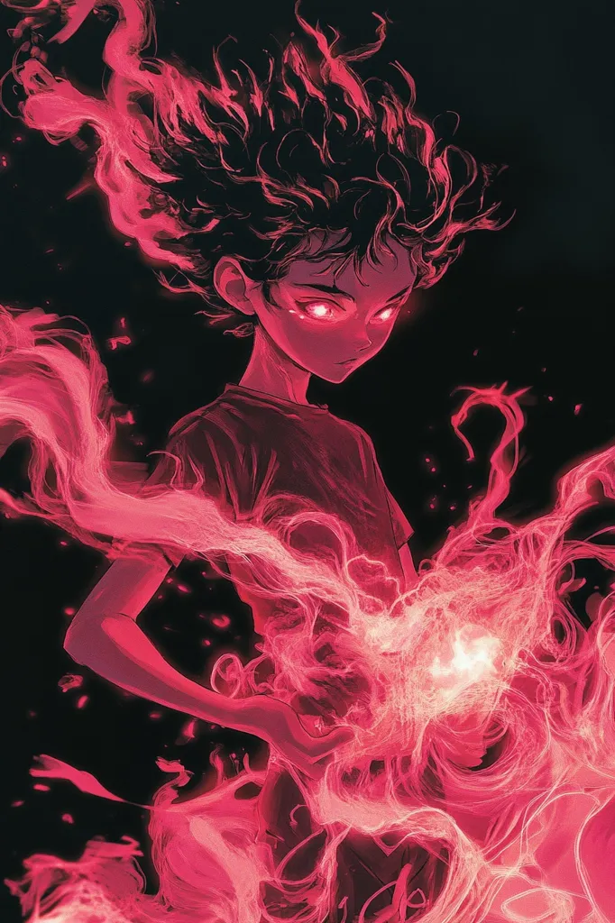 The image showcases a stylized depiction of a young person, possibly a child or young teenager, with intensely red eyes and wild, fiery hair.  They appear to be channeling or controlling a swirling mass of vibrant crimson energy, which emanates from their hands and surrounds them. The overall style is dark and dramatic, with the red energy contrasting sharply against the black background. The artwork's mood is one of power and possibly danger, hinting at supernatural or magical abilities.
