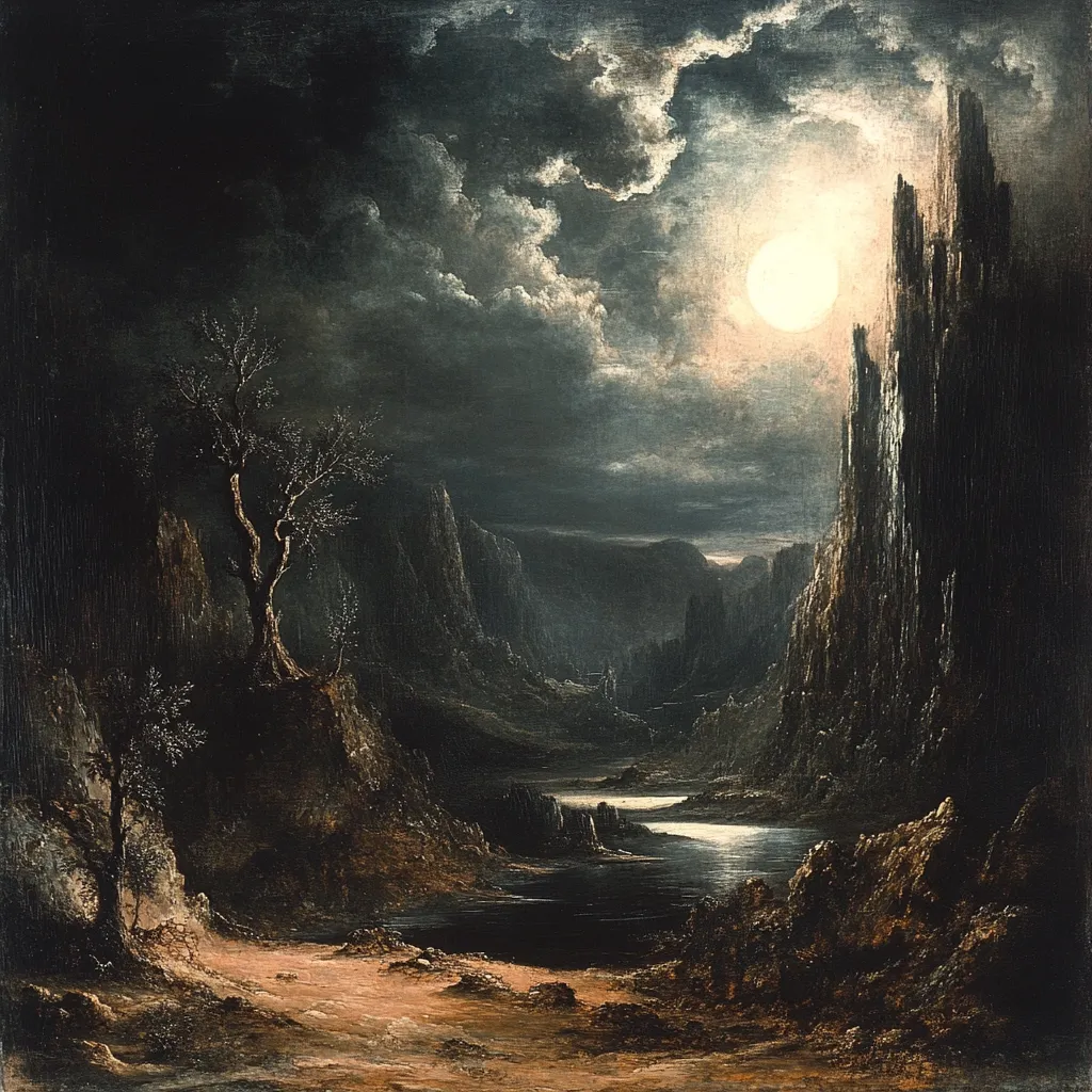 The painting depicts a dramatic nocturnal landscape. A large, bright moon illuminates a valley bordered by dark, jagged cliffs, one of which rises sharply into the sky.  A slender, leafless tree stands prominently on a rocky outcrop in the foreground. A calm, reflective body of water winds through the valley. The overall mood is one of solitary, melancholic beauty under a brooding, cloudy sky. The dark palette emphasizes the mysterious, almost foreboding atmosphere.