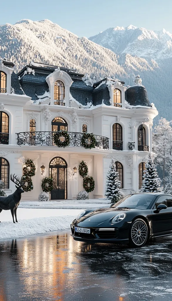 A grand, snow-covered European-style mansion stands majestically against a backdrop of snow-capped mountains.  The house is adorned with festive wreaths, and its entrance is framed by meticulously placed evergreen trees. A sleek, black Porsche 911 is parked in the driveway, its reflection shimmering on the icy surface.  A decorative stag stands sentinel on the snow-covered lawn, adding a touch of winter elegance to the scene.  The overall atmosphere is one of luxurious serenity and holiday charm.
