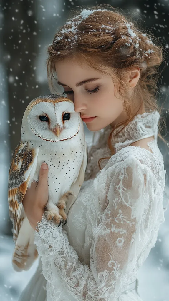 A young woman in a white lace dress stands in a snowy forest.  Snowflakes dust her auburn hair, styled in a loose braid. She gently cradles a barn owl, its large, dark eyes gazing serenely.  The woman's expression is soft and peaceful, her head slightly bowed towards the bird. The overall scene evokes a sense of quiet beauty and magical winter enchantment.
