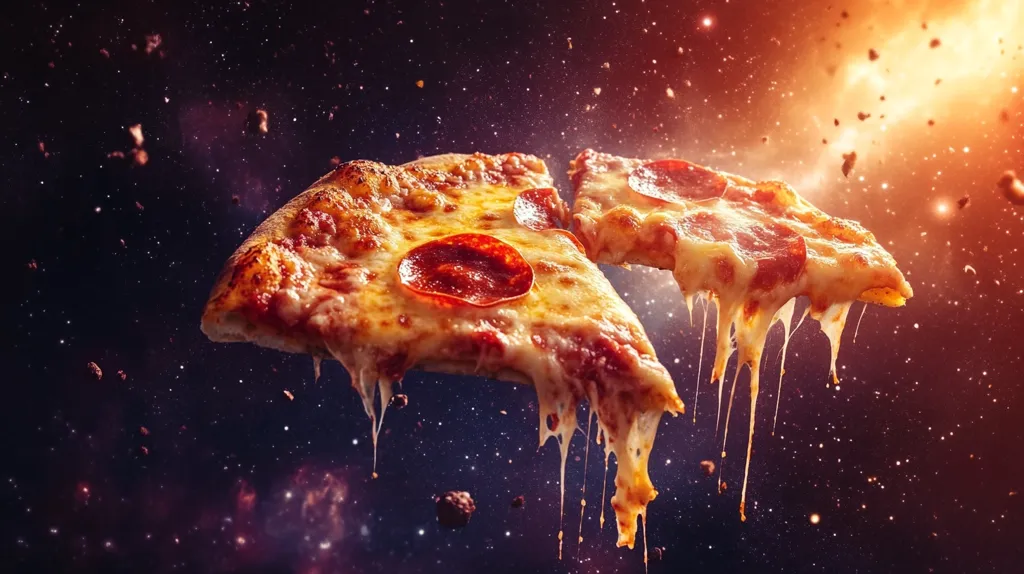 Here's a description of the image:

Two slices of pepperoni pizza float in the vastness of space.  Melted cheese stretches downwards, creating long, gooey strands against the backdrop of a nebula-like expanse of cosmic dust and light.  Small particles seem to drift around the pizza, adding to the surreal, otherworldly atmosphere. The pizza itself is a vibrant, cheesy delight with visible pepperoni slices. The overall impression is one of whimsical juxtaposition—the everyday comfort food of pizza set against the dramatic grandeur of space.